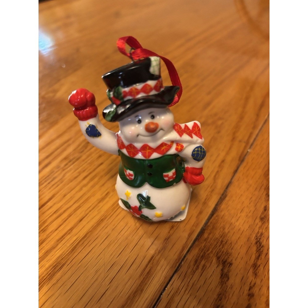Christmas Ornament Snowman Wreath Painted Porcelain In Green Vest And Hat